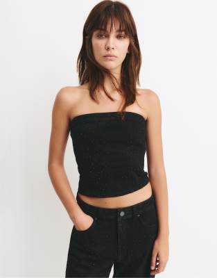 Pull & Bear - Jeans-Oberteil in Schwarz mit Strassverzierung