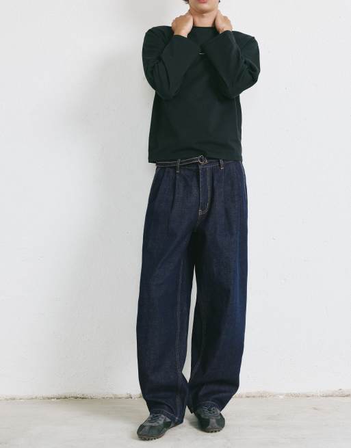 Pull&Bear jeans relaxed fit con pince e cintura navy, 4 di 6