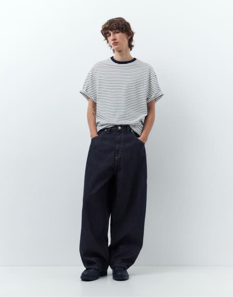 Pull&Bear - Jeans super ampi blu navy ricamati - view 1