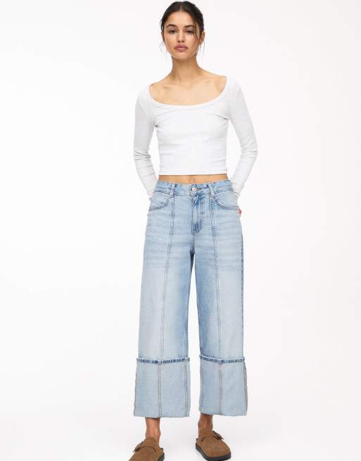Pull&Bear - Jeans taglio corto blu con orlo risvoltato