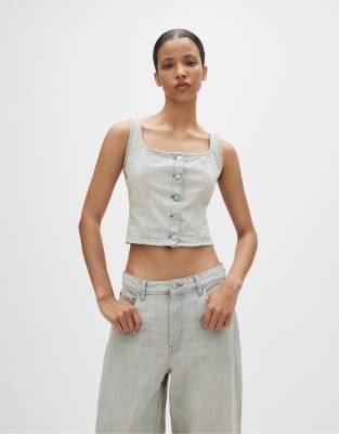 Pull & Bear - Jeans-Top in Blassblau im Korsett-Design