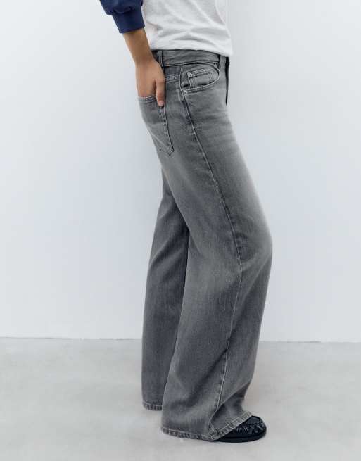 Pull&Bear jeans wide leg a vita bassa grigi, 2 di 7