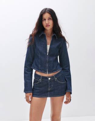 Pull & Bear - Jeanshemd in Dunkelblau mit Reißverschluss