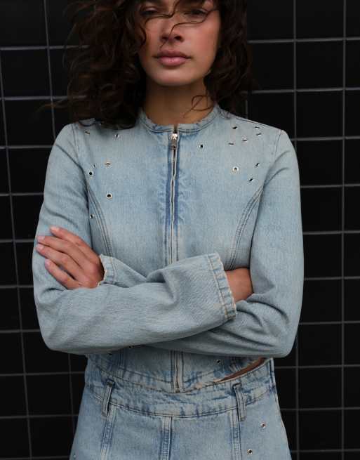 Pull&Bear jeansjacka med öljetter i ljusblått, 2 av 6