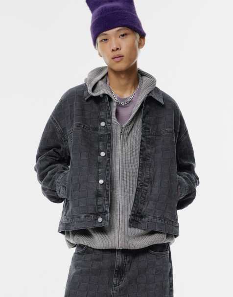 Pull&Bear – Jeansjacke in verblasstem Schwarz mit Karomuster - view 1