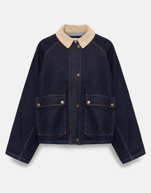 Pull&Bear Jeansjacke mit Kontrastkragen in Marineblau, 5 von 7