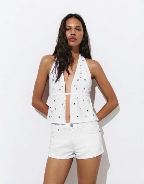 Pull&Bear – Jeansjorts in Weiß mit niedrigem Bund - view 1