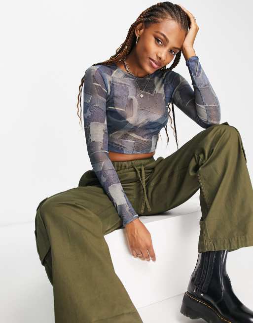 Pull&Bear – Jeansmönstrad kort t-shirt med långa ärmar i mesh