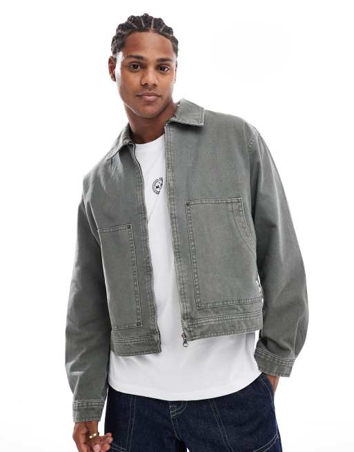 Pull&Bear – Jeansowa kurtka typu worker w kolorze khaki z efektem sprania