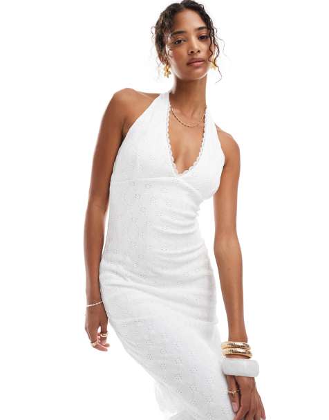 Pull&Bear - Jersey midi jurk met broderie en bandjes in wit - view 1