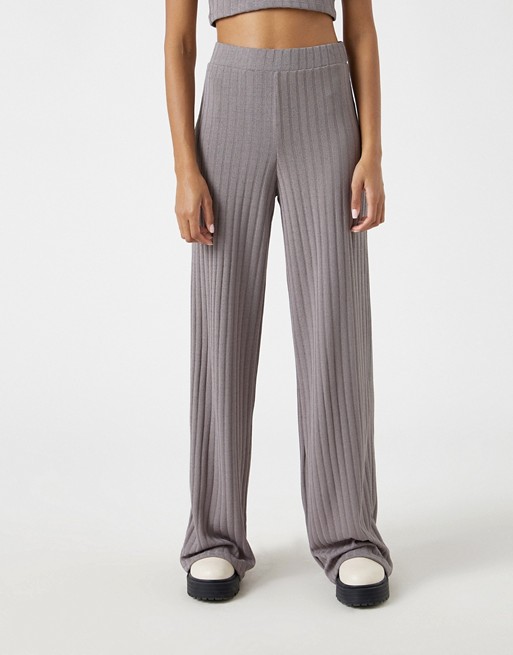 Pull&Bear jersey ribbed trouser co-ord in grey