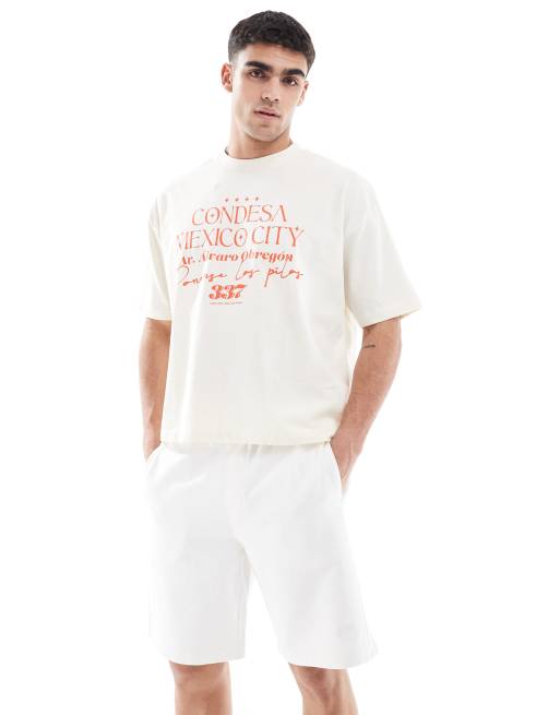 Pull&Bear – Jersey-Shorts in Weiß mit „STDW“-Schriftzug