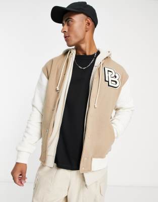 Pull&Bear jersey varsity bomber jacket in beige - ASOS Price Checker