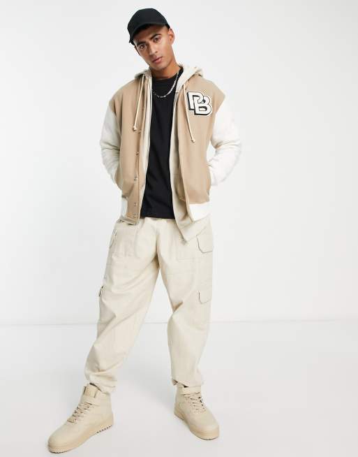 Pull&Bear jersey varsity bomber jacket in beige | ASOS