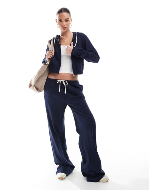 Pull&Bear - Joggingbroek met wijde pijpen in marineblauw, deel van co-ord set - view 1