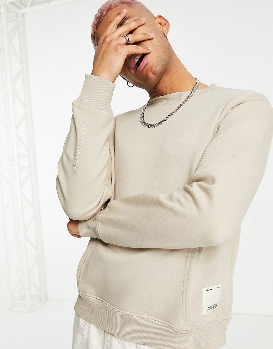 Pull & Bear Join Life crew neck sweatshirt with pocket and label detail in beige-Neutral