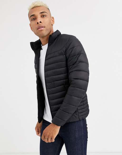 Pull&Bear puffer bomber jacket in black