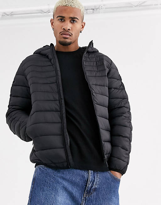 Pull&Bear Join Life lightweight quilted jacket with hood in black | ASOS