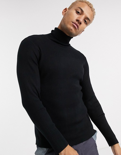 Pull&Bear Join Life ribbed muscle fit roll neck in black