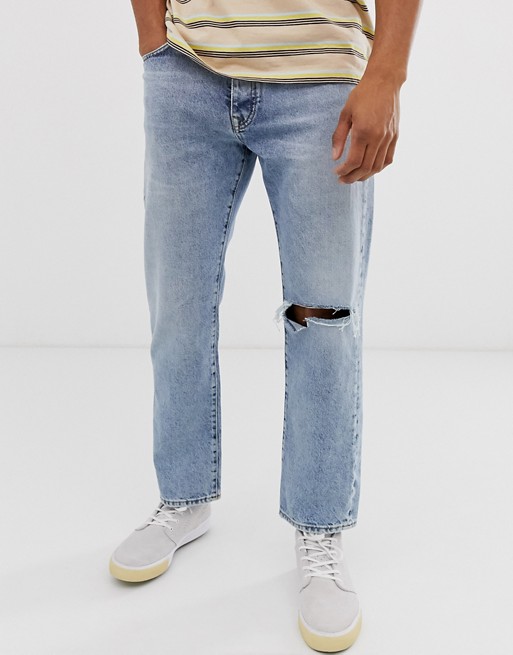 Pull&Bear Join Life straight fit jeans with knee rip in blue
