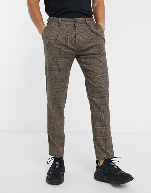 Pull&Bear Join Life tailored check trouser with chain in brown