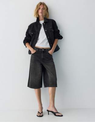 Pull & Bear - Jorts in Schwarz mit niedrigem Bund