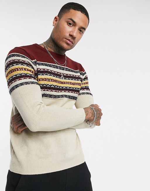 Pull&Bear jumper with knit detailing in ecru/red
