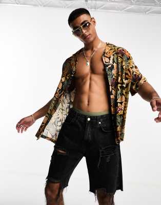 Pull & Bear jungle leaf print shirt in multi