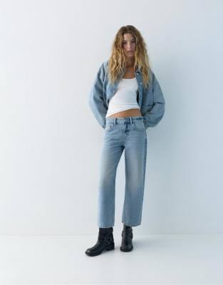 Pull & Bear - Jupe-culotte en jean à taille basse - Bleu pâle 40