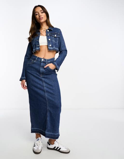 Pull Bear Jupe d ensemble longueur mollet en jean Bleu fonce