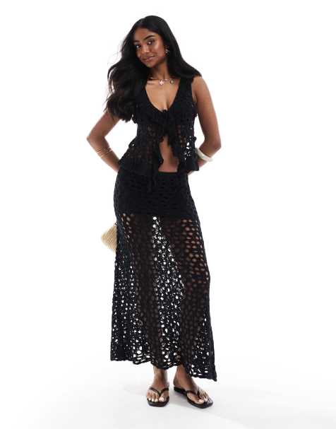 Pull&Bear - Jupe d'ensemble mi-longue en maille crochetée - Noir - view 1