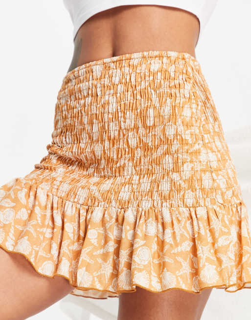 Pull&Bear - Jupe froncée d'ensemble à imprimé étoiles - Orange