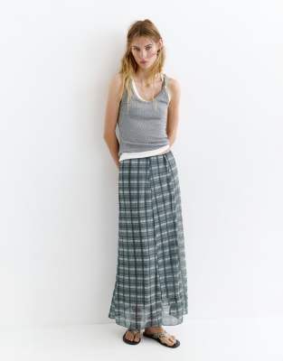 Pull & Bear - Jupe mi-longue à carreaux - Gris XS