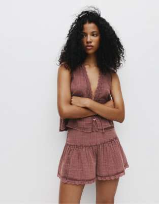 Jupe-short style champtre avec bords en dentelle - Bordeaux - Pull & bear - Modalova