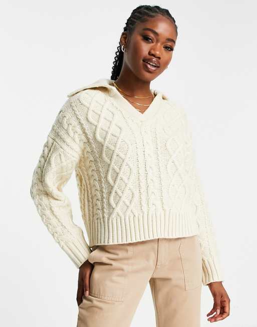 Pull&Bear - Kabeltrui met polokraag in ecru