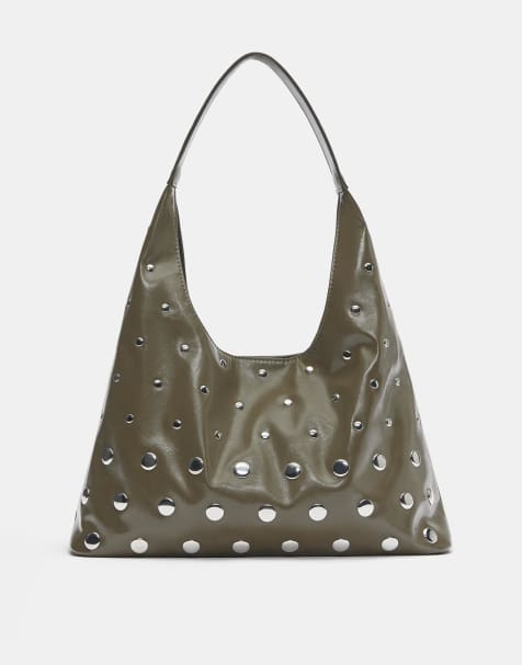 Pull&Bear - Kaki-farvet skuldertaske med nitter - view 1