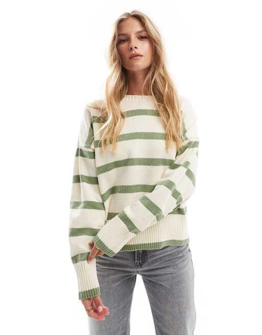 Pull&Bear – Kakifärgad och vitrandig, stickad tröja i chenille