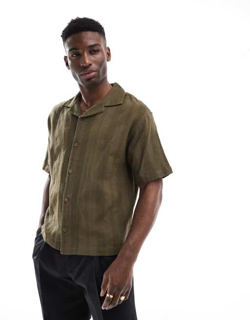 Pull&Bear – Kakifärgad, randig skjorta med struktur