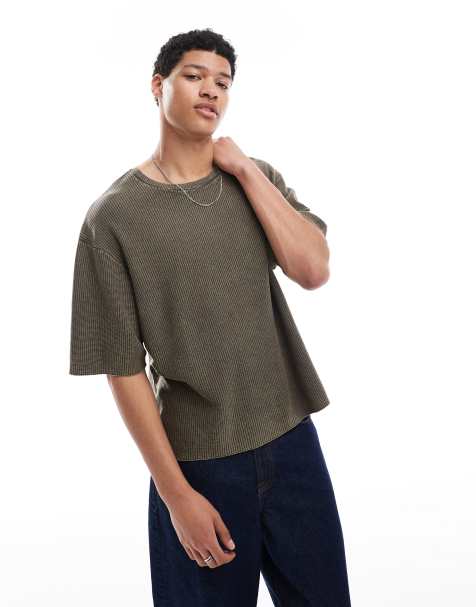 Pull&Bear – Kakifärgad, tvättad, stickad t-shirt - view 1
