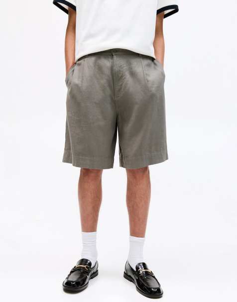 Pull&Bear – Kakifärgade bermudashorts i linnemix med baggystil - view 1