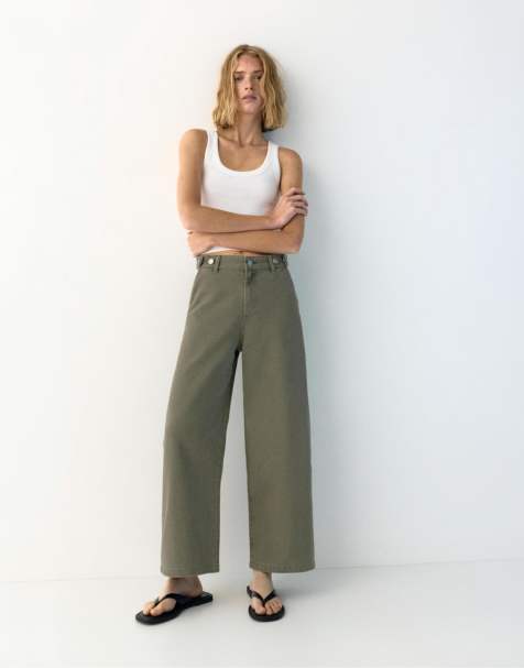 Pull&Bear – Kakifärgade, justerbara ballongjeans - view 1