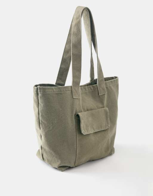 Pull&Bear - Kakigrøn tote-taske i shopper-stil i kanvas, 2 af 4