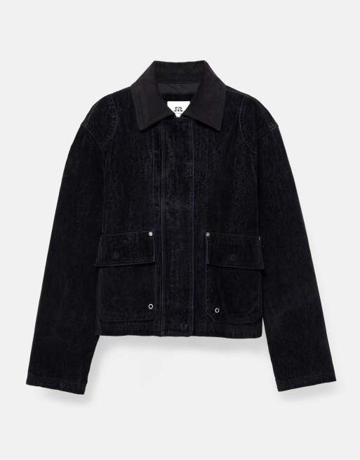 Pull&Bear kalvskinnsjacka med sammetslook i svart, 4 av 6