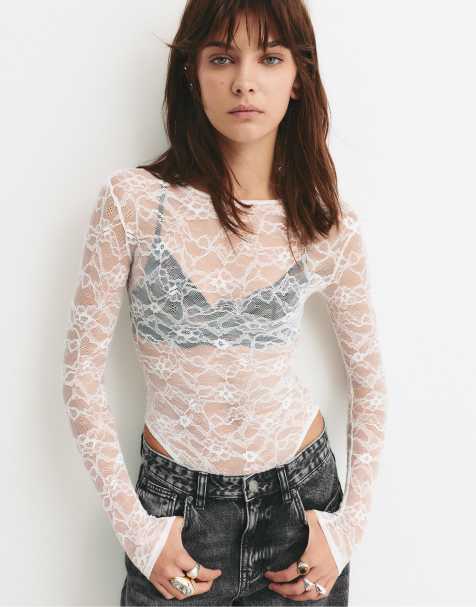 Pull&Bear - Kanten body met lange mouwen in wit - view 1