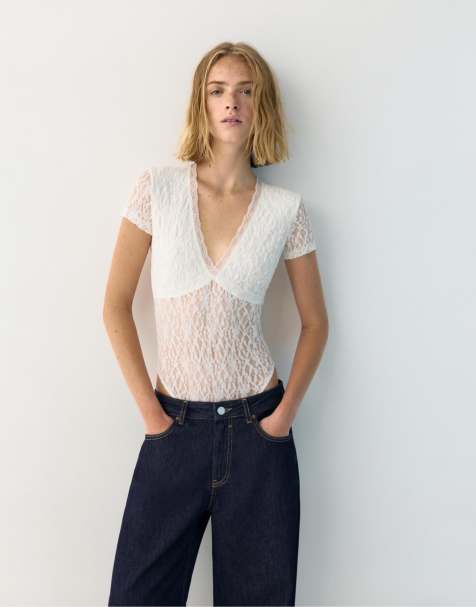 Pull&Bear - Kanten body met lange mouwen in wit - view 1