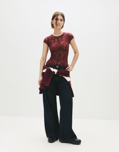 Pull&Bear - Kanten top met siernaden in roodbruin - view 1