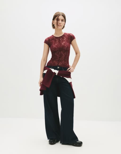 Pull&Bear - Kanten top met siernaden in roodbruin