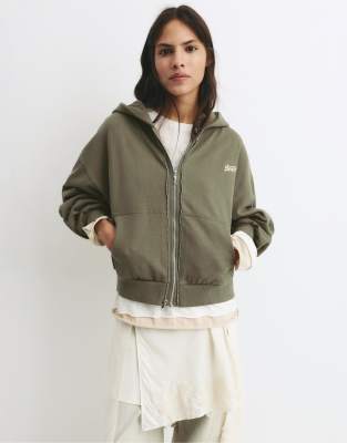 Pull & Bear - Kapuzenjacke in Grün/Grau mit Zwei-Wege-Reißverschluss-Bunt
