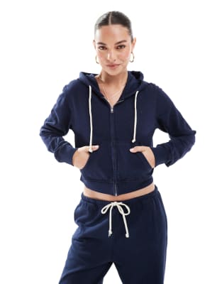 Pull & Bear - Kapuzenjacke in Marineblau mit Reißverschluss, Kombiteil