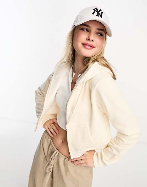 Pull&Bear – Kapuzenjacke mit kurzem Schnitt in Ecru